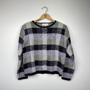 VTG 80s Retro Checkered Sweater Knit Academia Medium Black Purple Wool Preppy